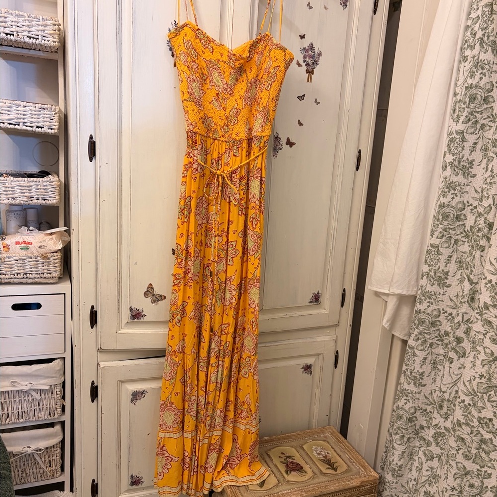 People Floral Print Smocked Sweetheart Neck Wide Leg Jumpsuit